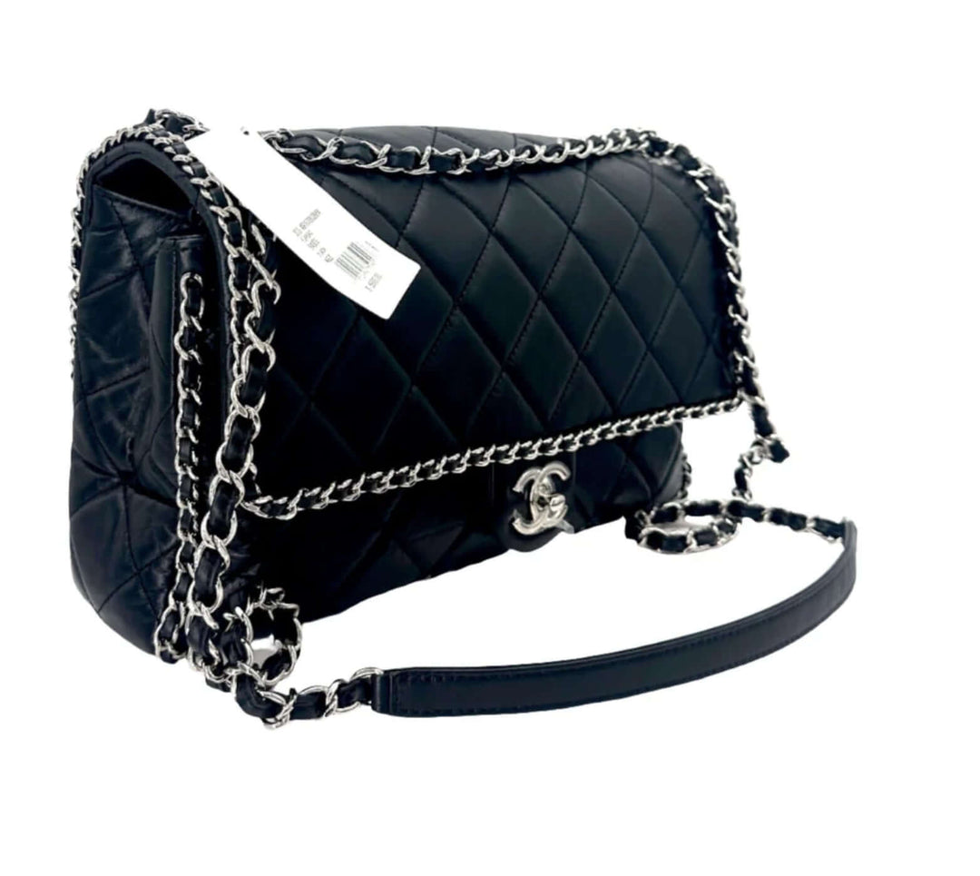 Authentic CHANEL Flap crossbody bag featuring quilted leather and signature chain strap.