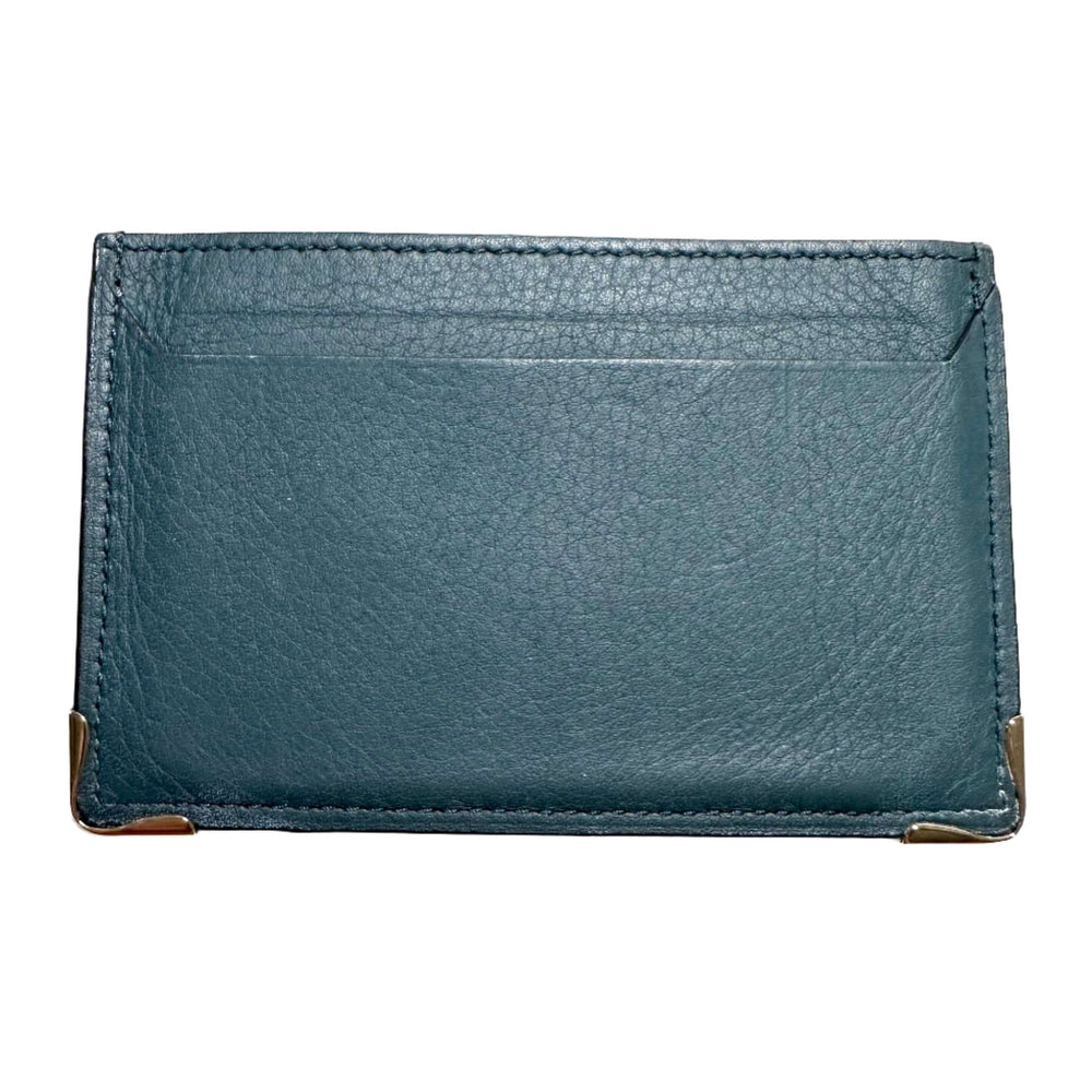 Luxury Cartier blue calfskin card holder with elegant stitching and gold corner accents.