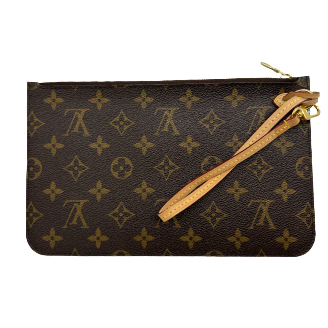 Louis Vuitton Neverfull Monogram Canvas Pochette Wristlet Pouch Brown with iconic LV pattern and leather strap