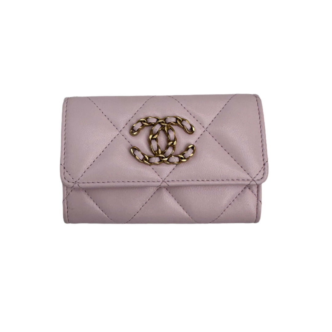 Pink CHANEL Goatskin Quilted Chanel 19 Flap Wallet with Gold Chain CC Logo