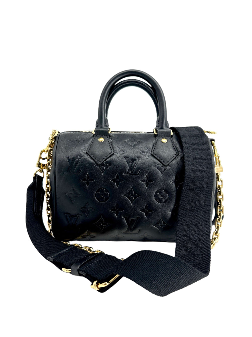 Louis Vuitton Lambskin Embossed Monogram Speedy 22 Bandouliere Black Handbag with Chain Strap