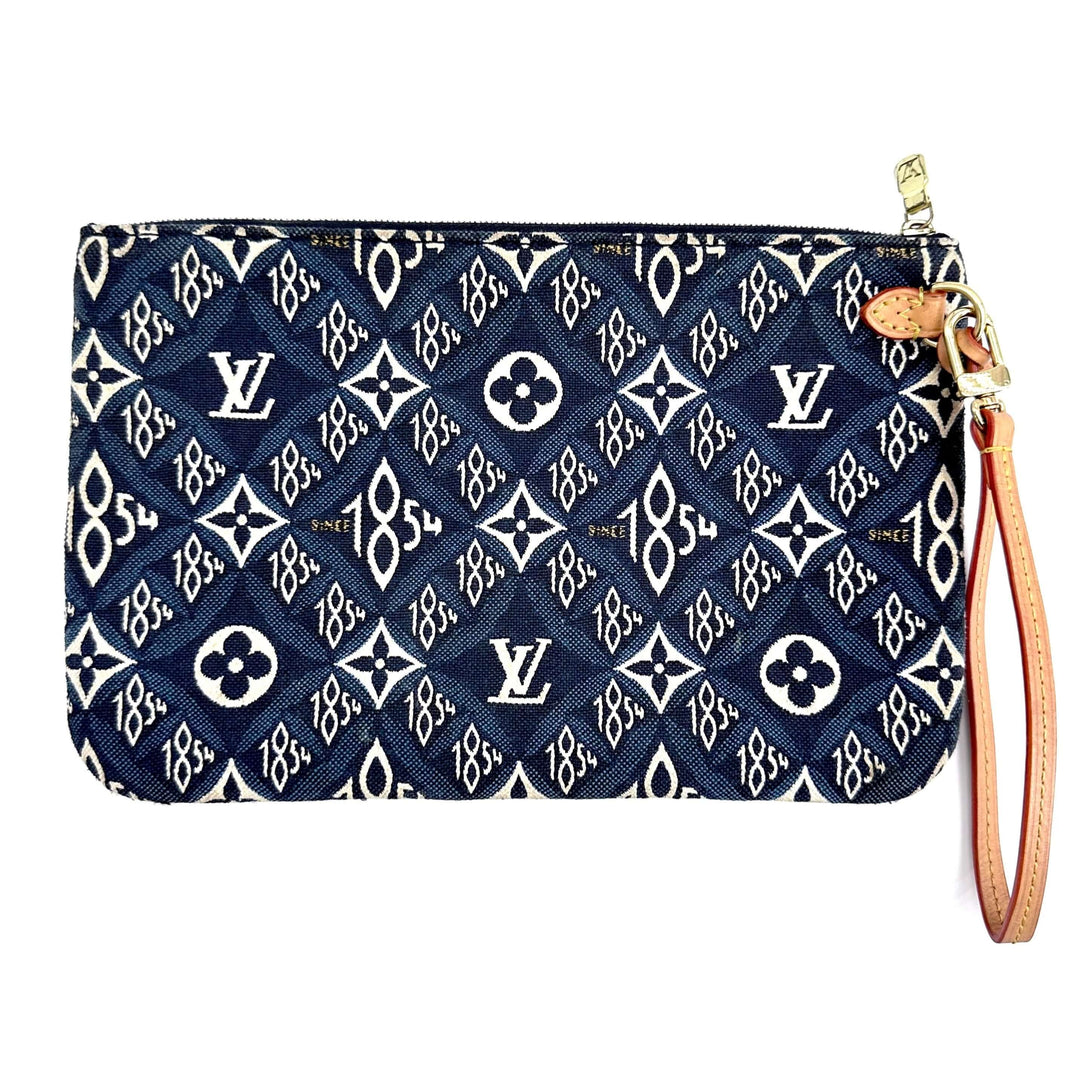 Louis Vuitton Jacquard Since 1854 Neverfull Pochette in black with monogram pattern and wrist strap front view