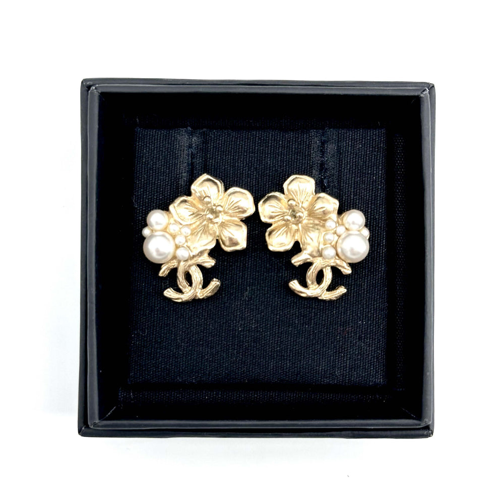 CHANEL Hibiscus Flower Earrings with Pearl Accents in Black Jewelry Box