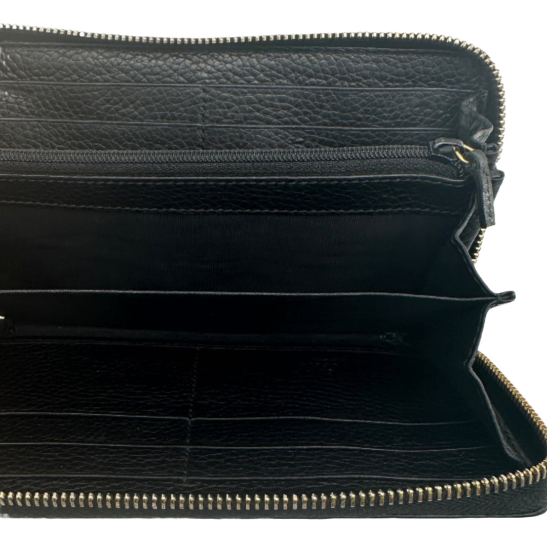 Interior view of GUCCI Pebbled Calfskin Soho Zip Around Wallet Black showing multiple compartments and zipper pocket.