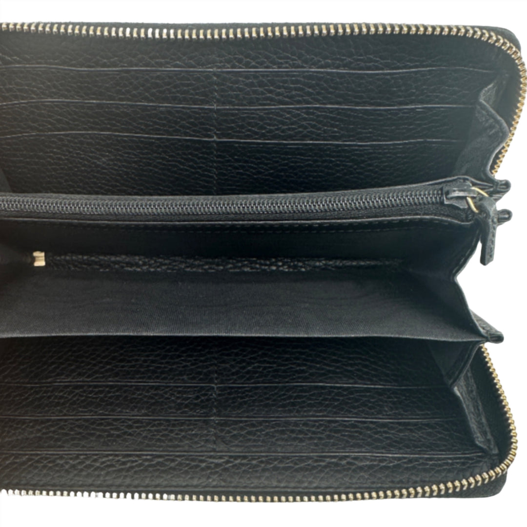 Interior view of black GUCCI Pebbled Calfskin Soho Zip Around Wallet, showcasing multiple card slots and a central zippered pocket.