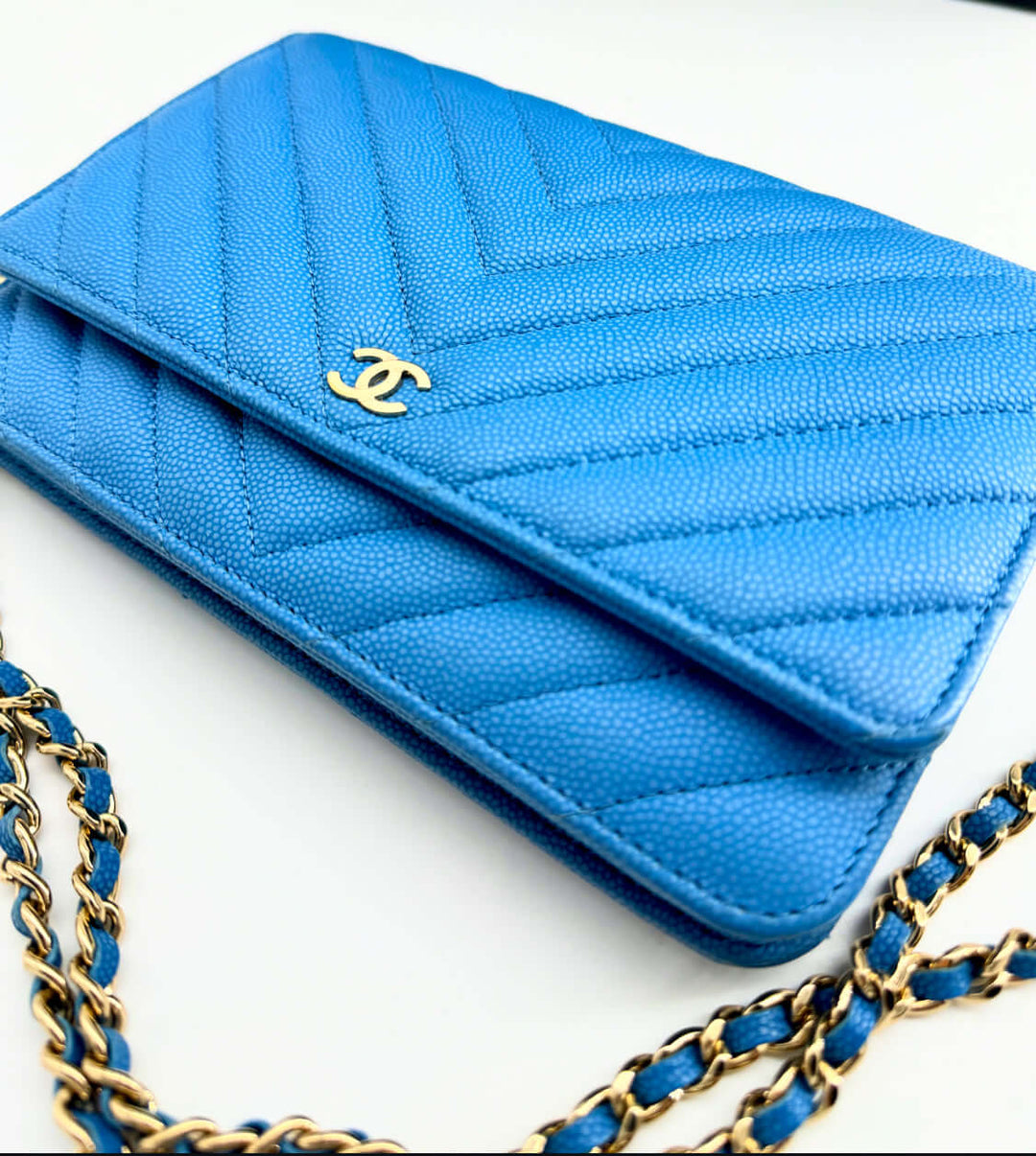 Chanel Blue Caviar WOC with Chevron Quilting and Gold Chain Strap