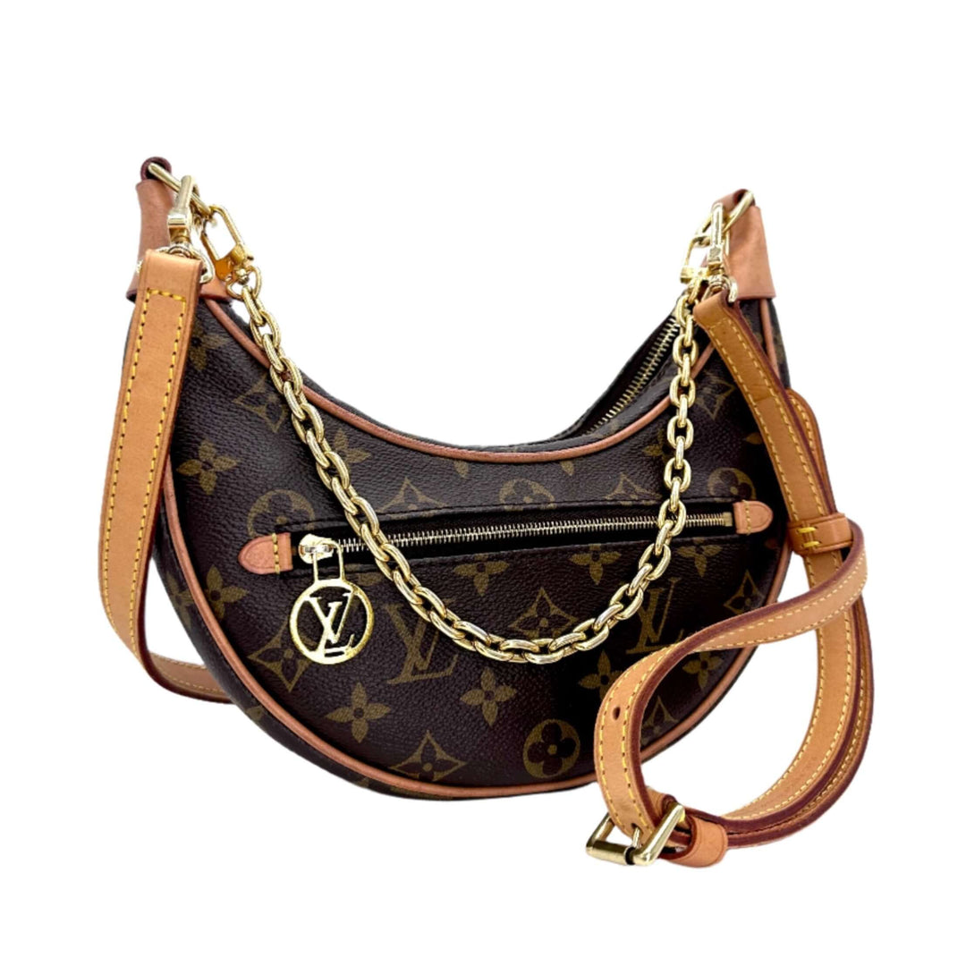Authentic Louis Vuitton Loop Bag Monogram Canvas front view with gold chain and leather strap