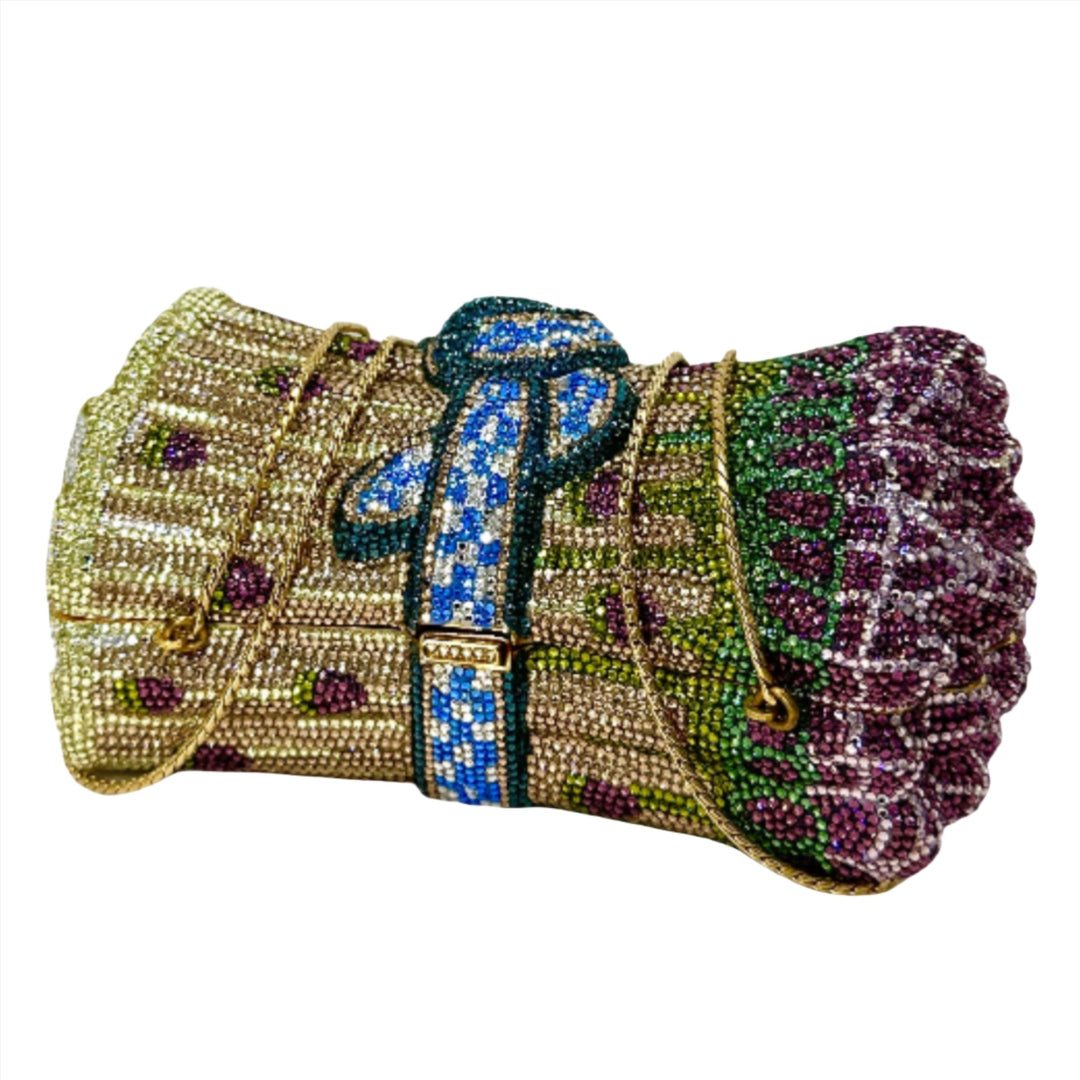 Authentic Judith Leiber Crystal Asparagus Minaudière, luxury handbag adorned with intricate multicolor crystal detailing