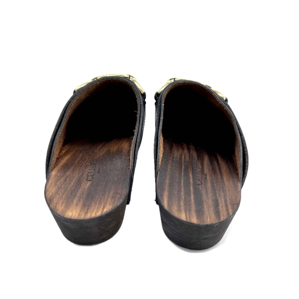 Rear view of Celine leather mules clogs in black, made in Italy, showcasing wooden sole and size 37. Luxury consignment footwear.