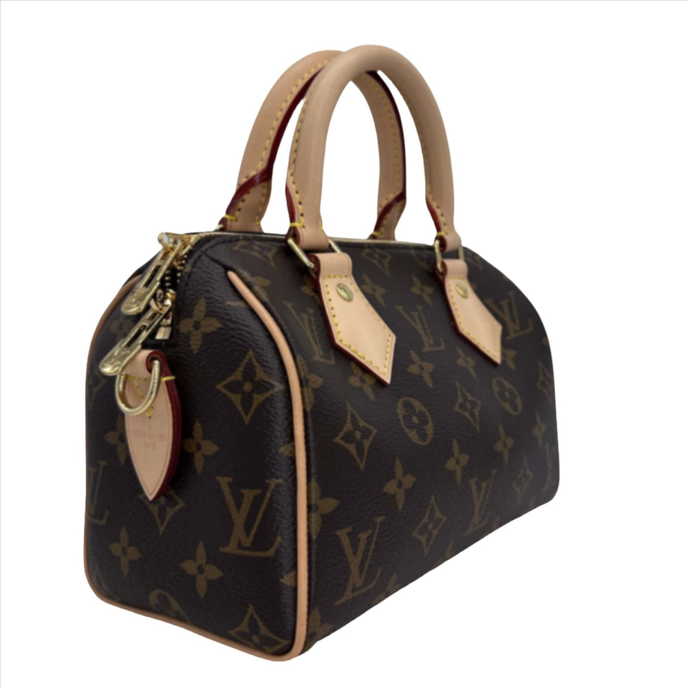 Authentic Louis Vuitton Monogram Speedy Bandouliere 20 front and side view