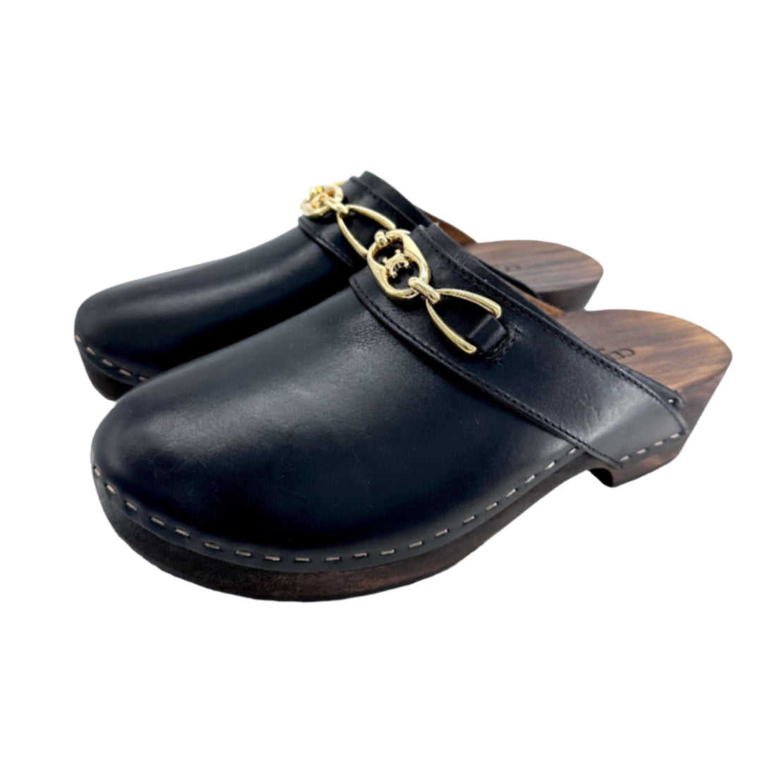 Black leather Celine mules clogs with gold buckle detail, wooden sole, made in Italy, size 37.