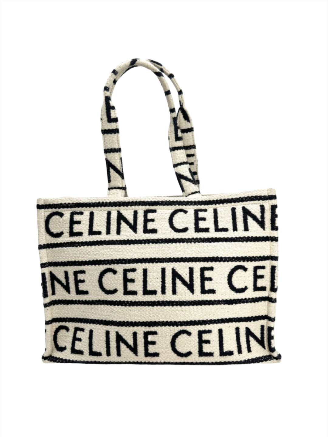CELINE Canvas Large All Over Cabas Thais bag with repeated CELINE logo pattern on a white background.