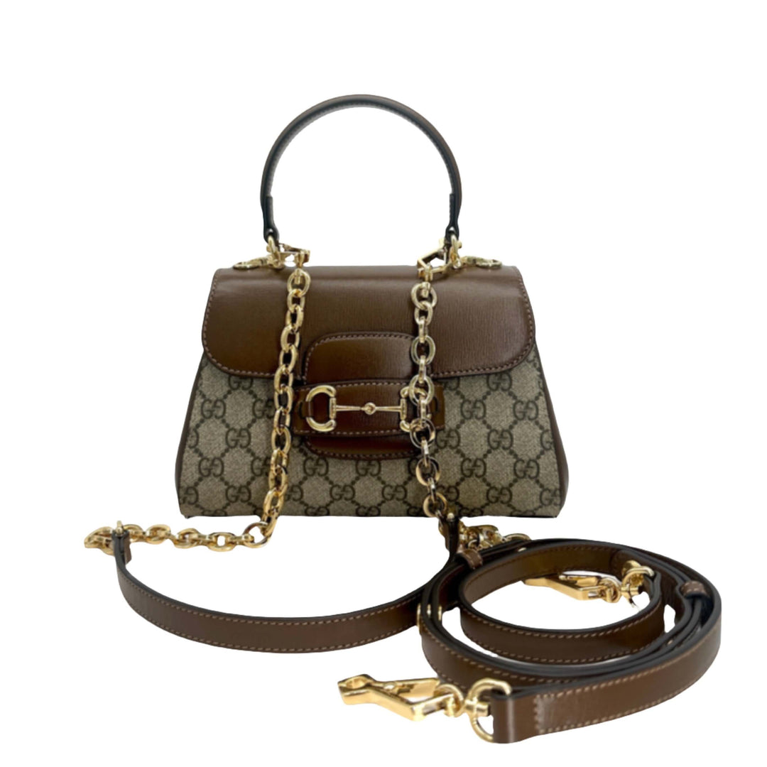 GUCCI Horsebit 1955 Mini Bag - Brown Pattern Leather with Gold Chain and Detachable Strap