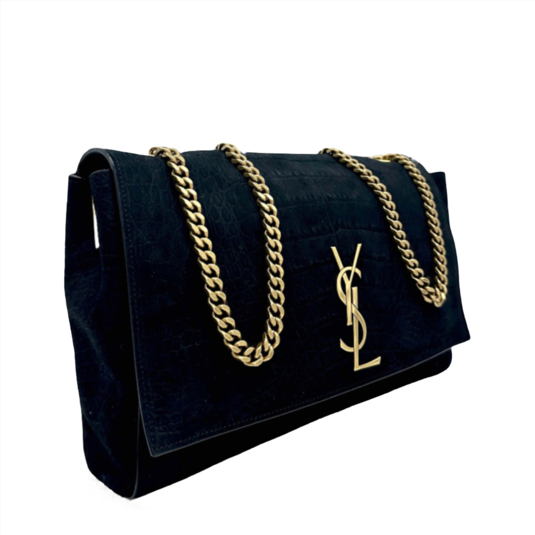 Saint Laurent Reversible Kate bag in crocodile-embossed leather with gold chain and YSL logo.