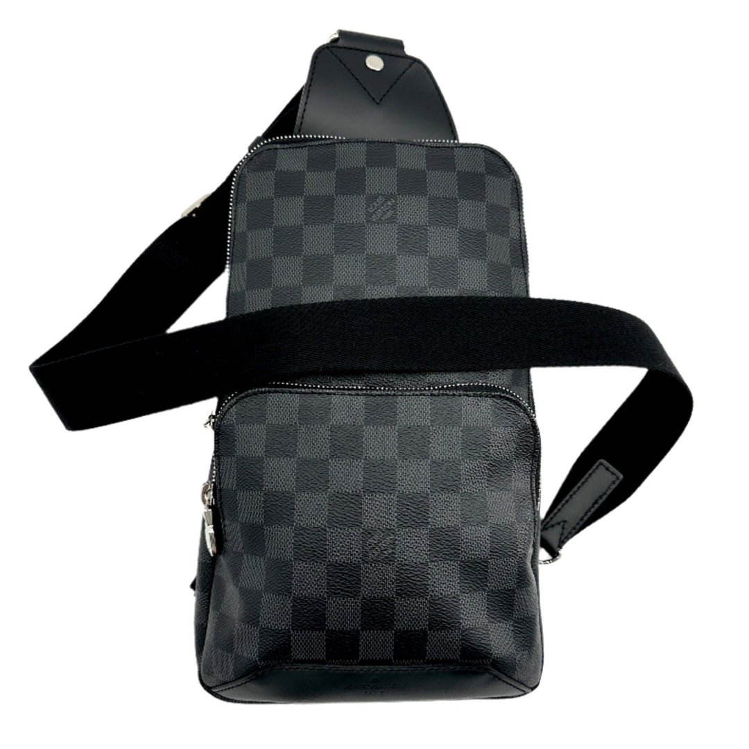 Authentic LOUIS VUITTON Damier Graphite Avenue Sling Backpack front view with adjustable black strap