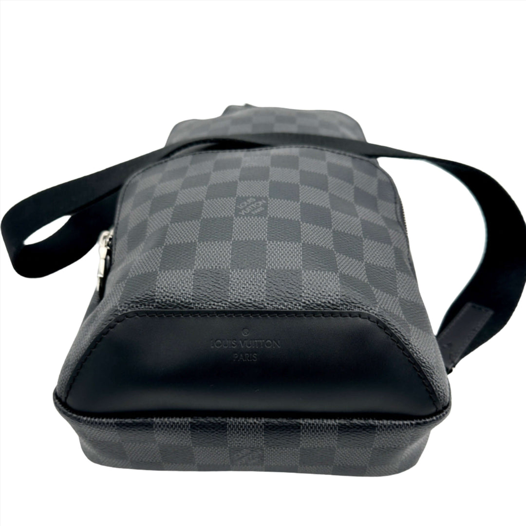 Authentic LOUIS VUITTON Damier Graphite Avenue Sling Backpack front close-up view showing detailed craftsmanship