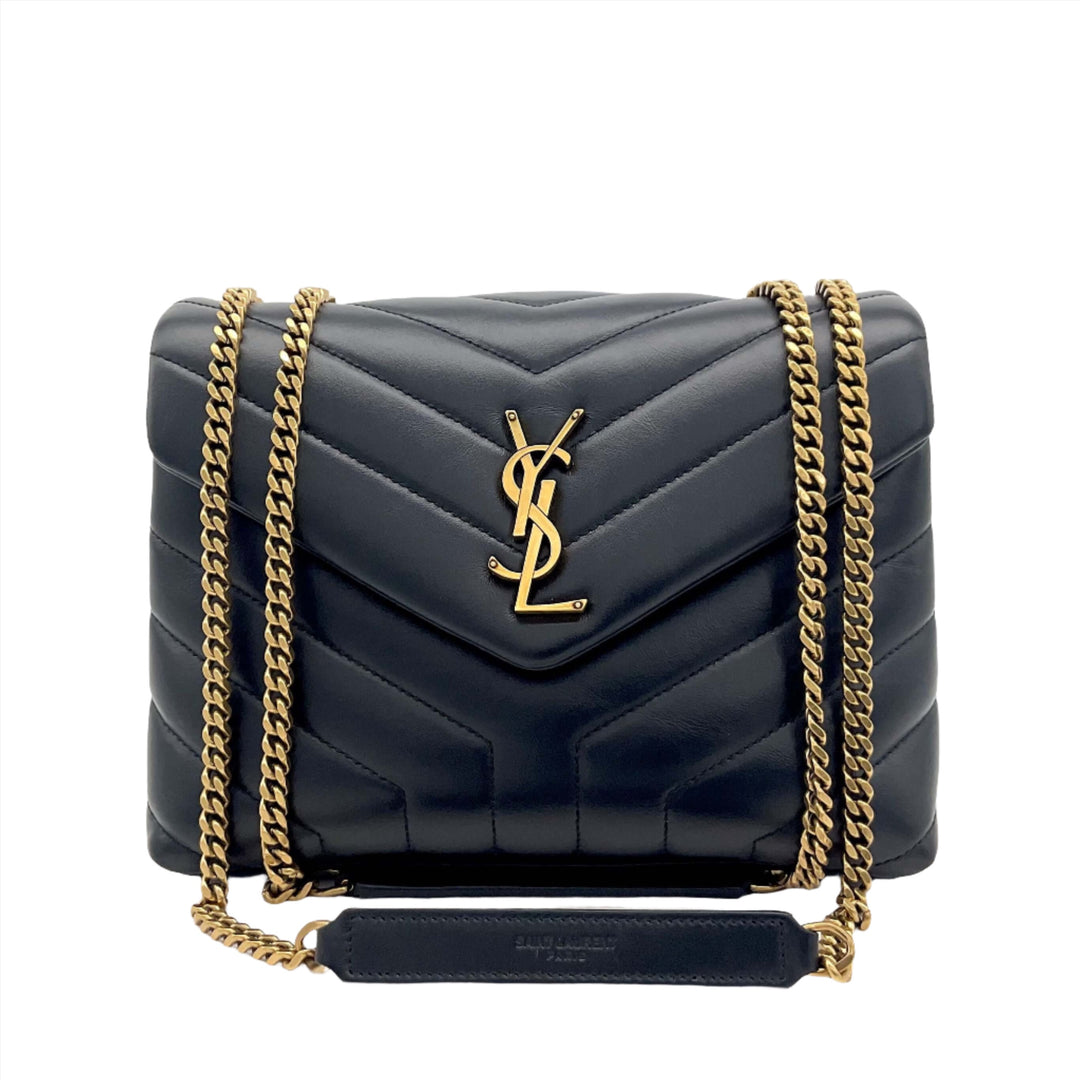 SAINT LAURENT Medium Loulou Chain Satchel in Black Quilted Calfskin with Gold Hardware