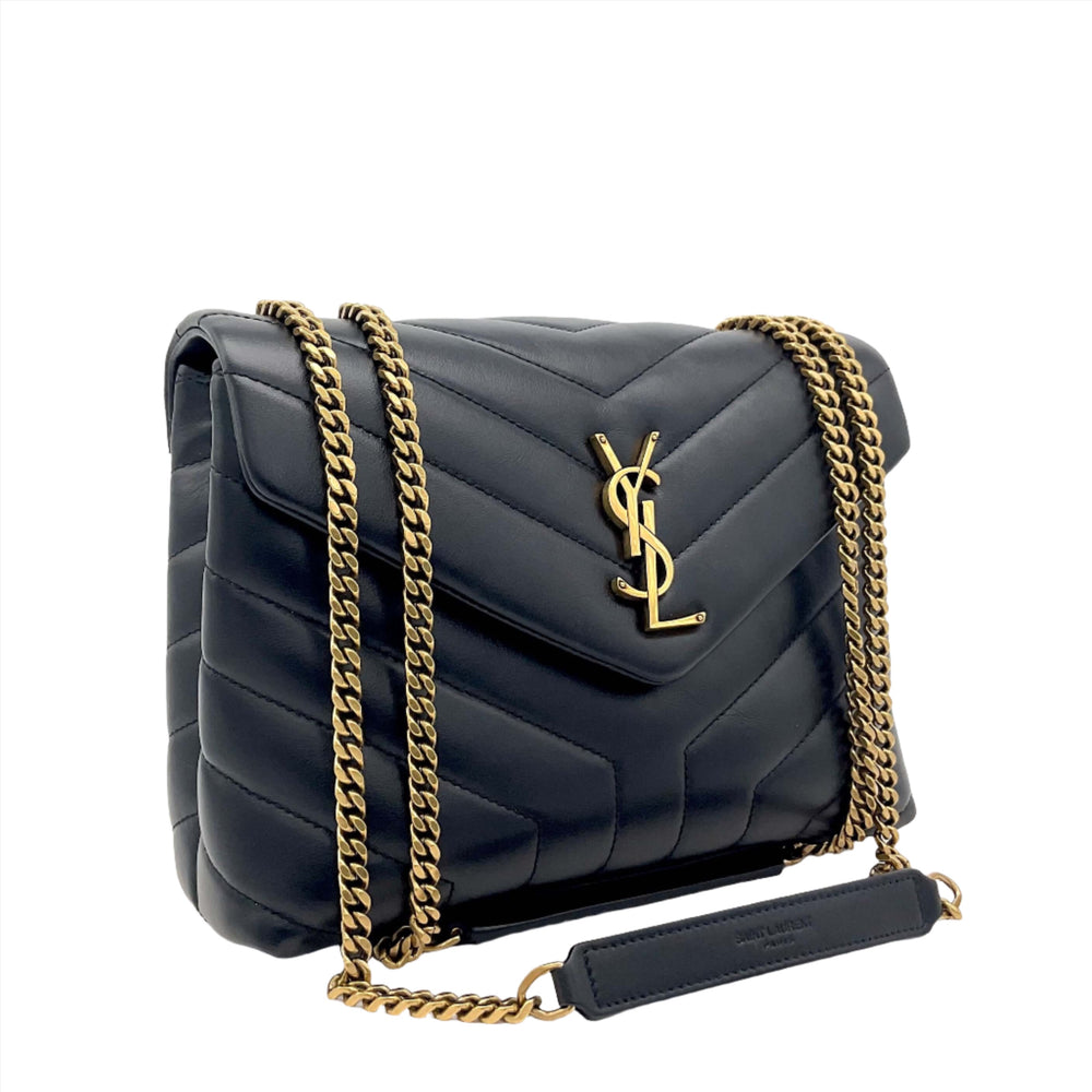 SAINT LAURENT Medium Loulou Chain Satchel in black quilted calfskin with gold chain strap and YSL logo.