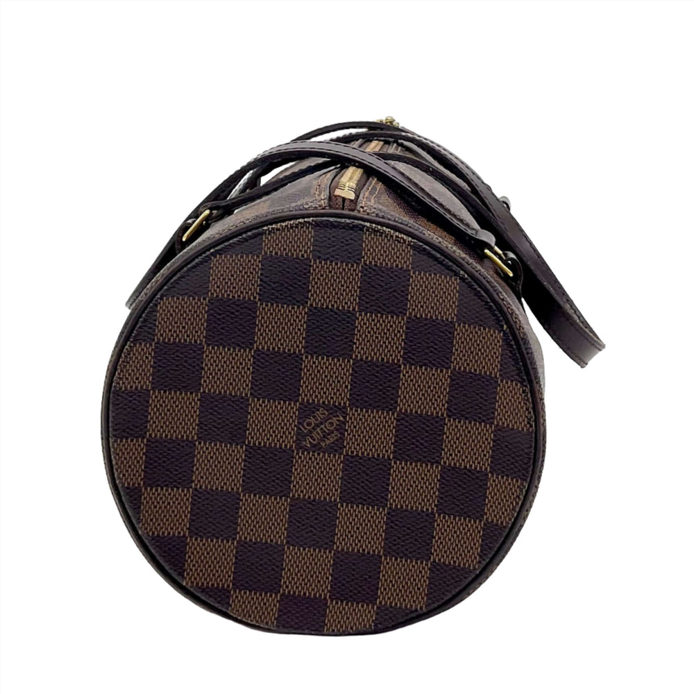 Louis Vuitton Damier Ebene Papillon 30 handbag showcasing classic elegance with checkered design and round shape.