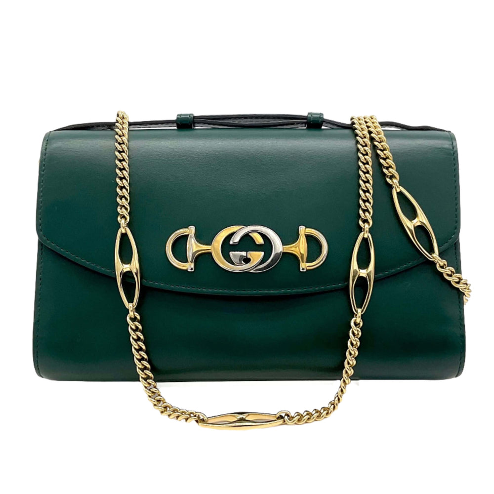 Gucci Zumi Smooth Leather Small Shoulder Bag with Gold Chain Strap in Elegant Green