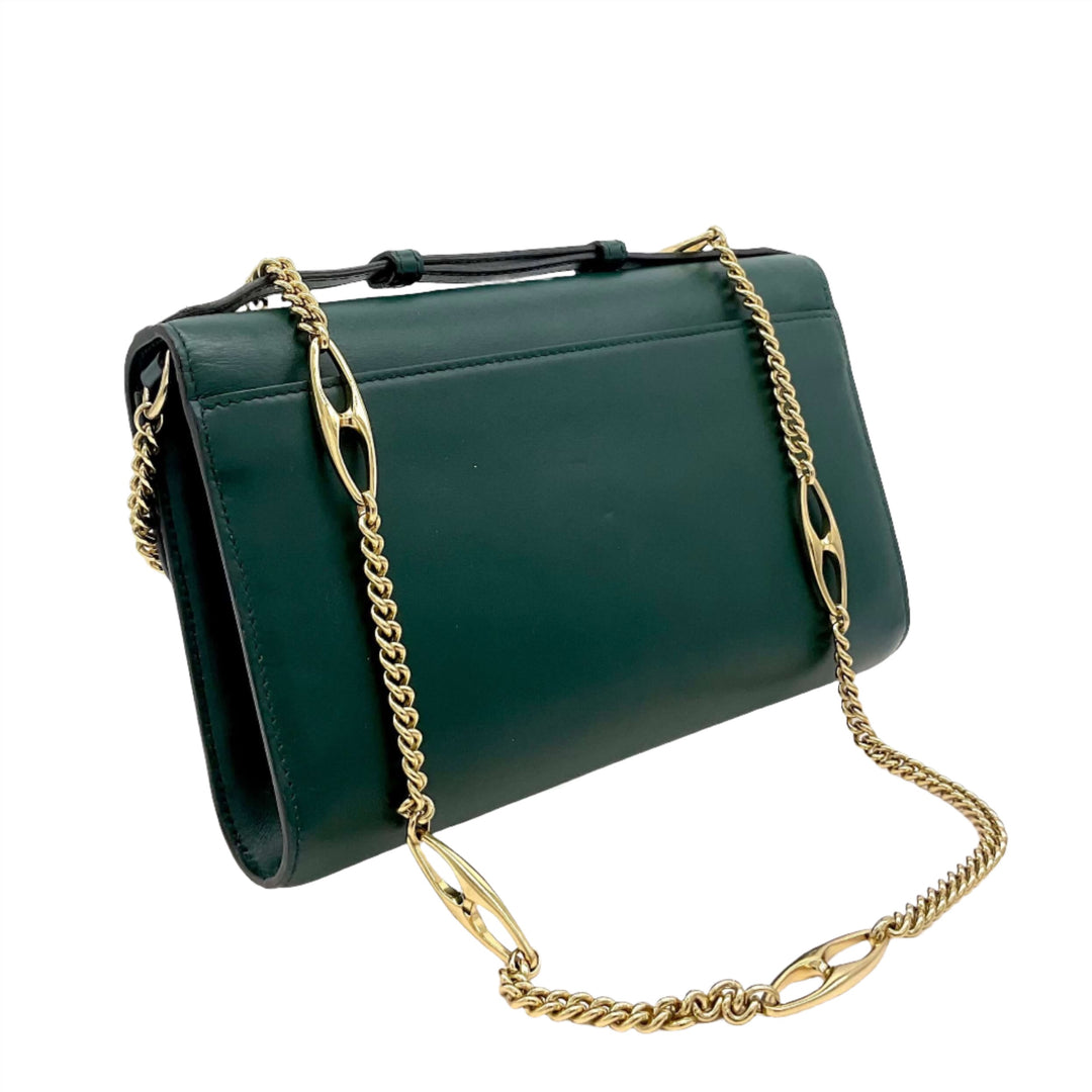 Gucci Zumi Smooth Leather Small Shoulder Bag in elegant dark green with a gold chain strap and versatile design.