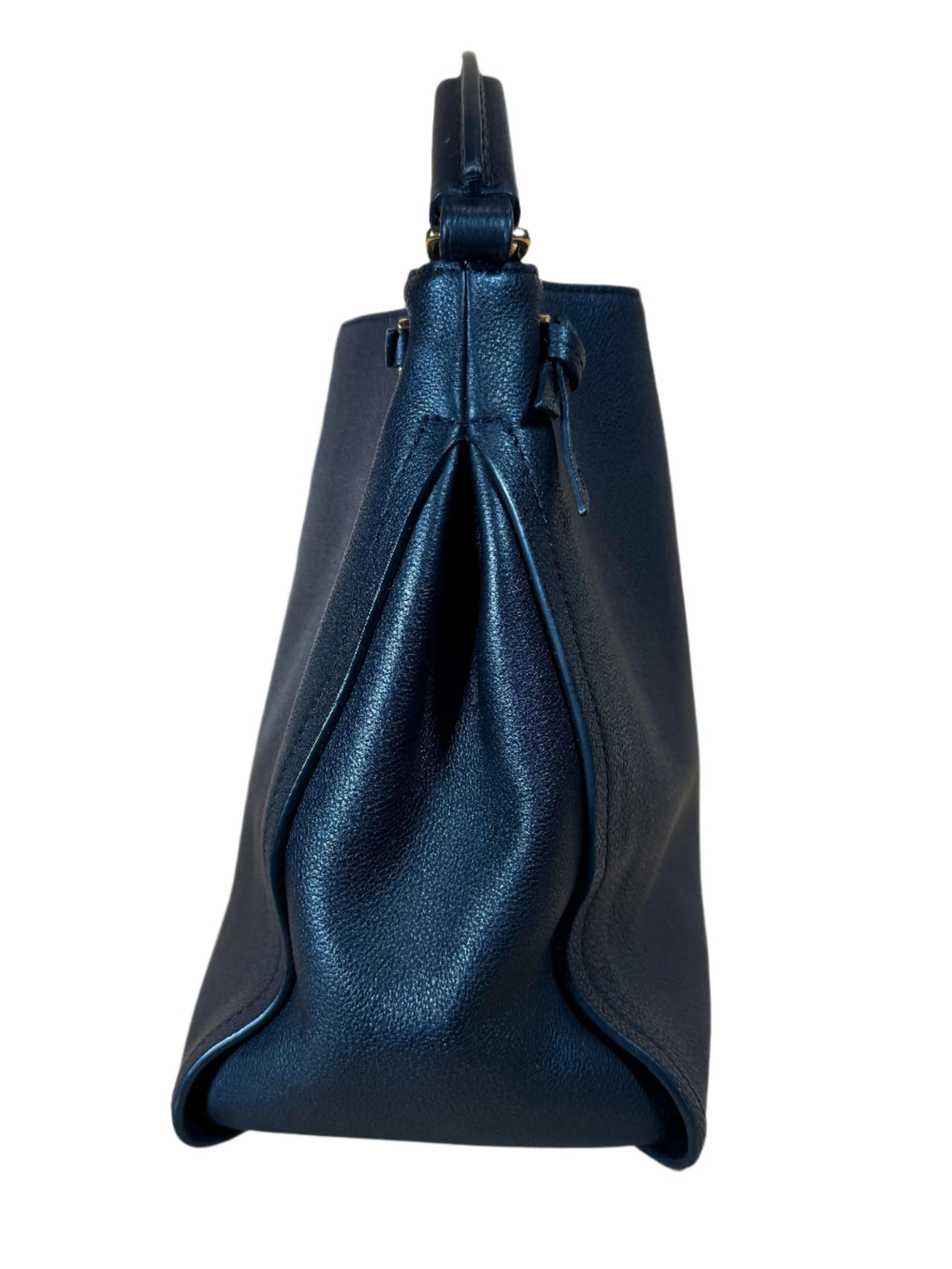 Side view of the Authentic Louis Vuitton Calfskin Tournon tote in black, showcasing its elegant design and durable leather.