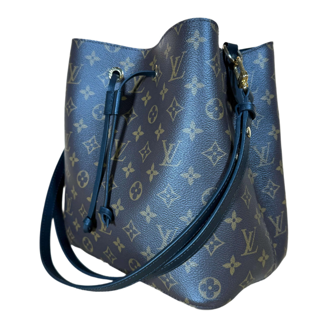 Authentic Louis Vuitton Monogram Neonoe MM bucket bag in black with signature pattern and leather accents.