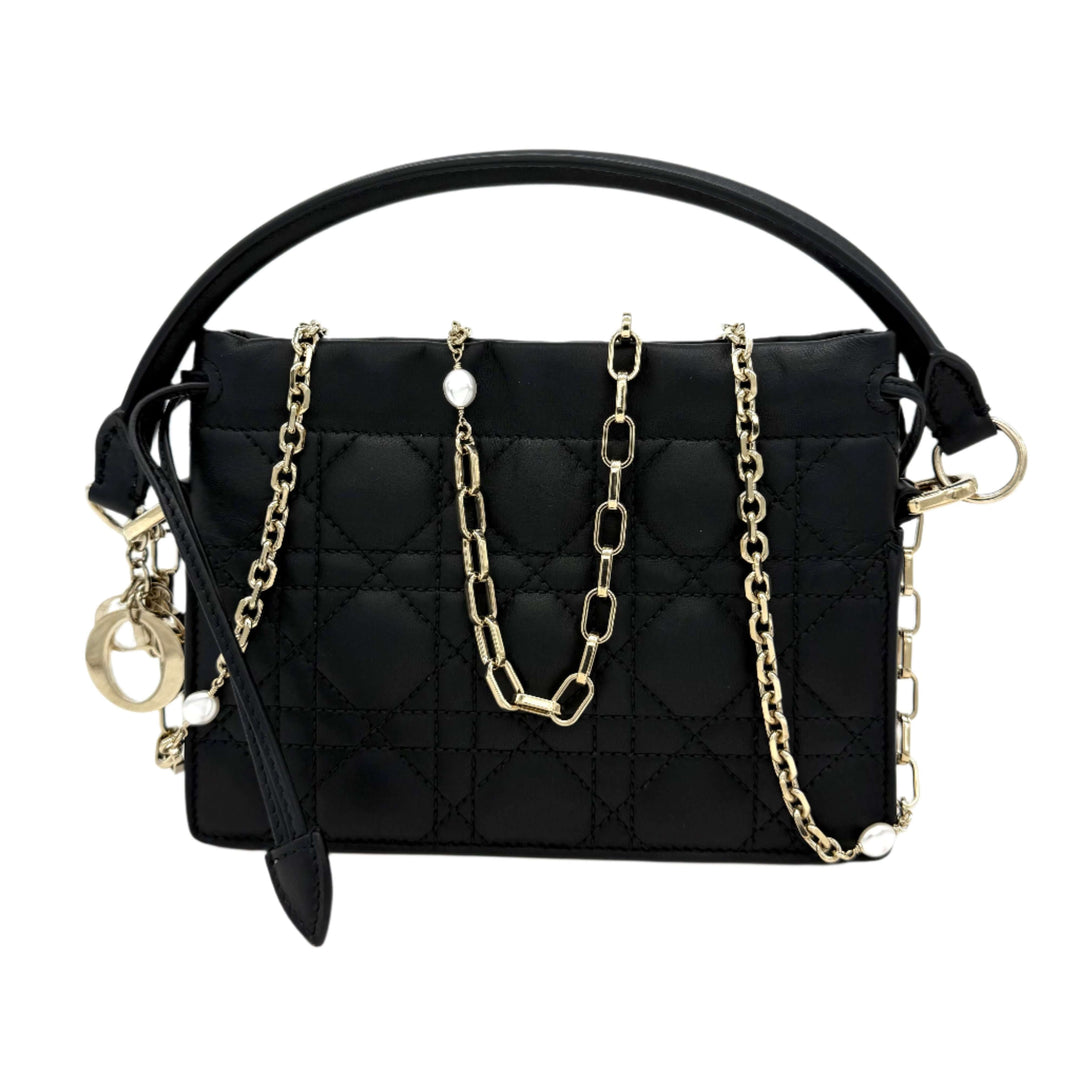 Authentic Christian Dior black lambskin mini top handle bag with chain strap and cannage quilted design.