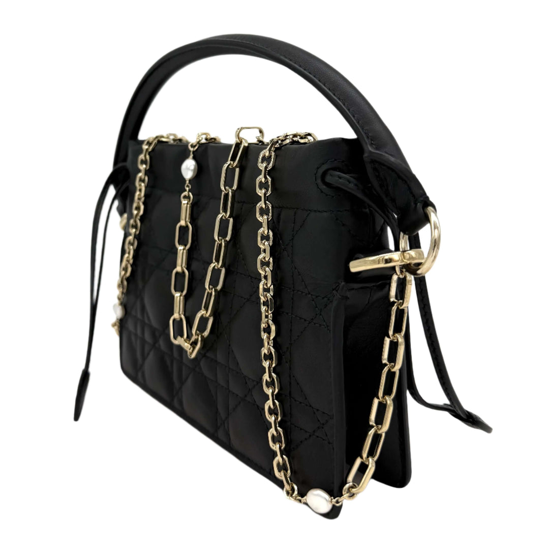 Authentic Christian Dior Black Lambskin Cannage Mini Top Handle Bag with chain strap and iconic 'D.I.O.R.' charm.