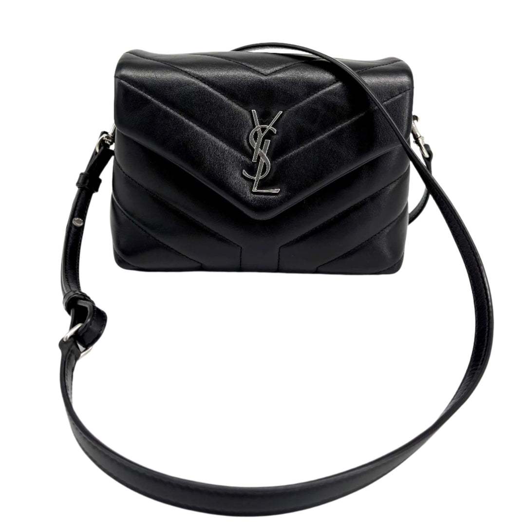 Authentic Saint Laurent Black Calfskin Y Quilted Toy Loulou Crossbody Bag with polished silver YSL monogram.