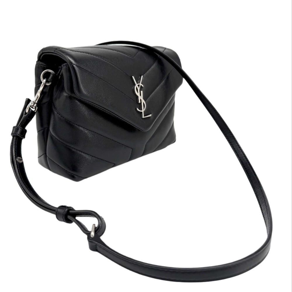 Authentic Saint Laurent black calfskin Y Quilted Monogram Toy Loulou crossbody bag with silver hardware.