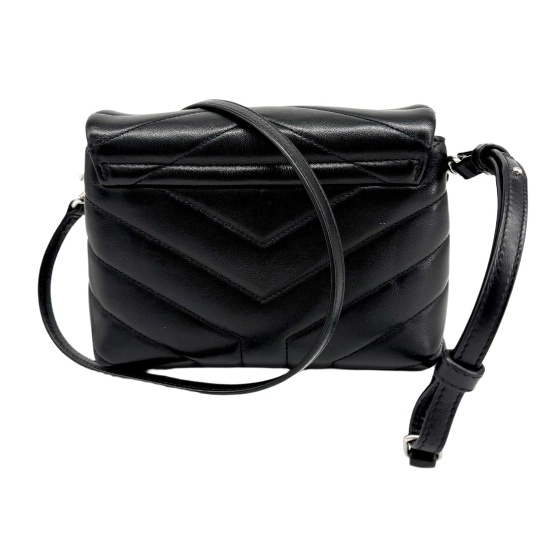 Authentic Saint Laurent black calfskin Y Quilted Monogram Toy Loulou Crossbody Bag with adjustable strap.