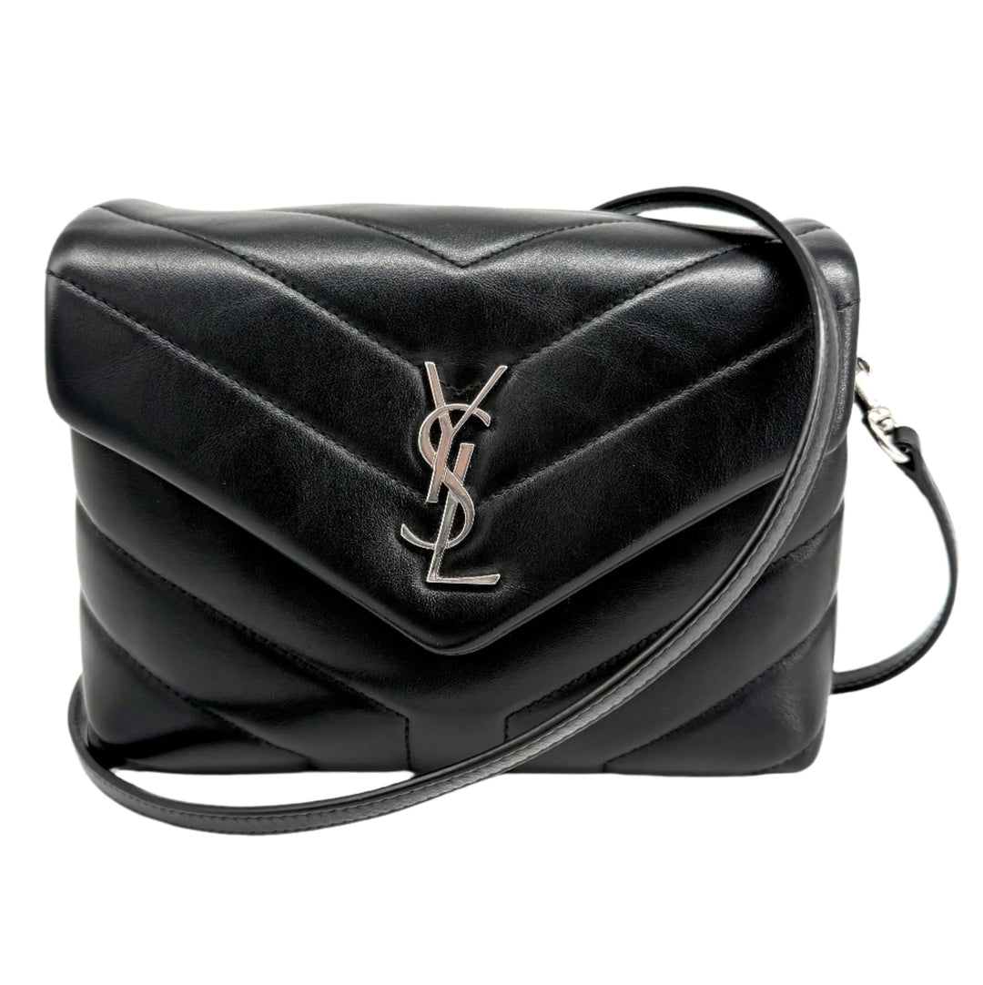 Authentic Black Saint Laurent Calfskin Y Quilted Monogram Toy Loulou Crossbody Bag with silver YSL logo.