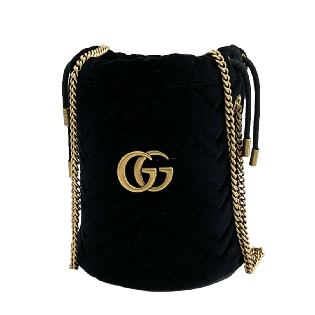 Gucci Velvet Matelasse Mini GG Marmont 2.0 Bucket Bag in black with gold chain straps and GG logo