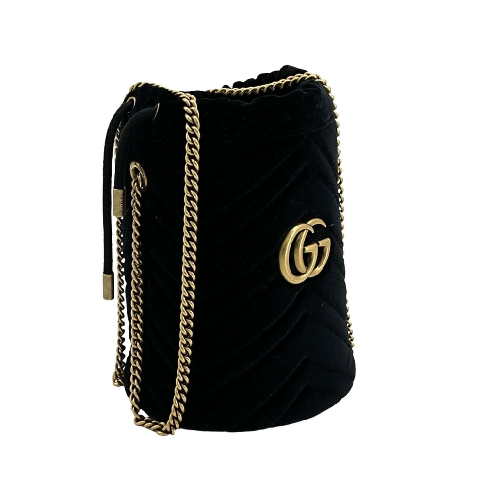 Gucci Velvet Matelasse Mini GG Marmont 2.0 Bucket Bag in Black with Gold Chain and GG Logo