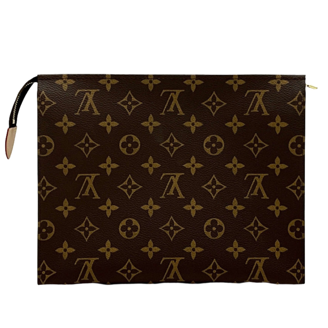 LOUIS VUITTON Monogram Toiletry Pouch 26 in brown with iconic LV pattern showcasing its versatile and timeless design.