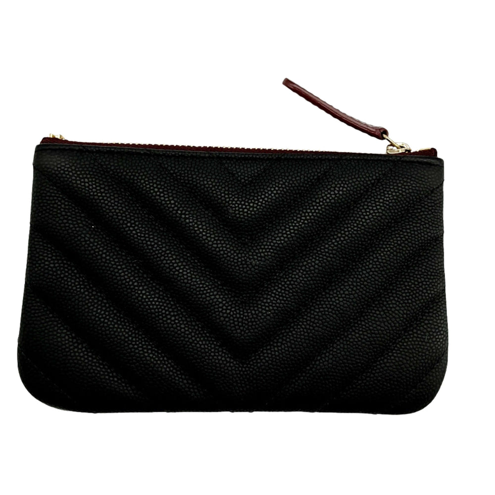 CHANEL Caviar Chevron Quilted Small Cosmetic Case Black with zipper closure, luxury makeup bag in pebbled leather.