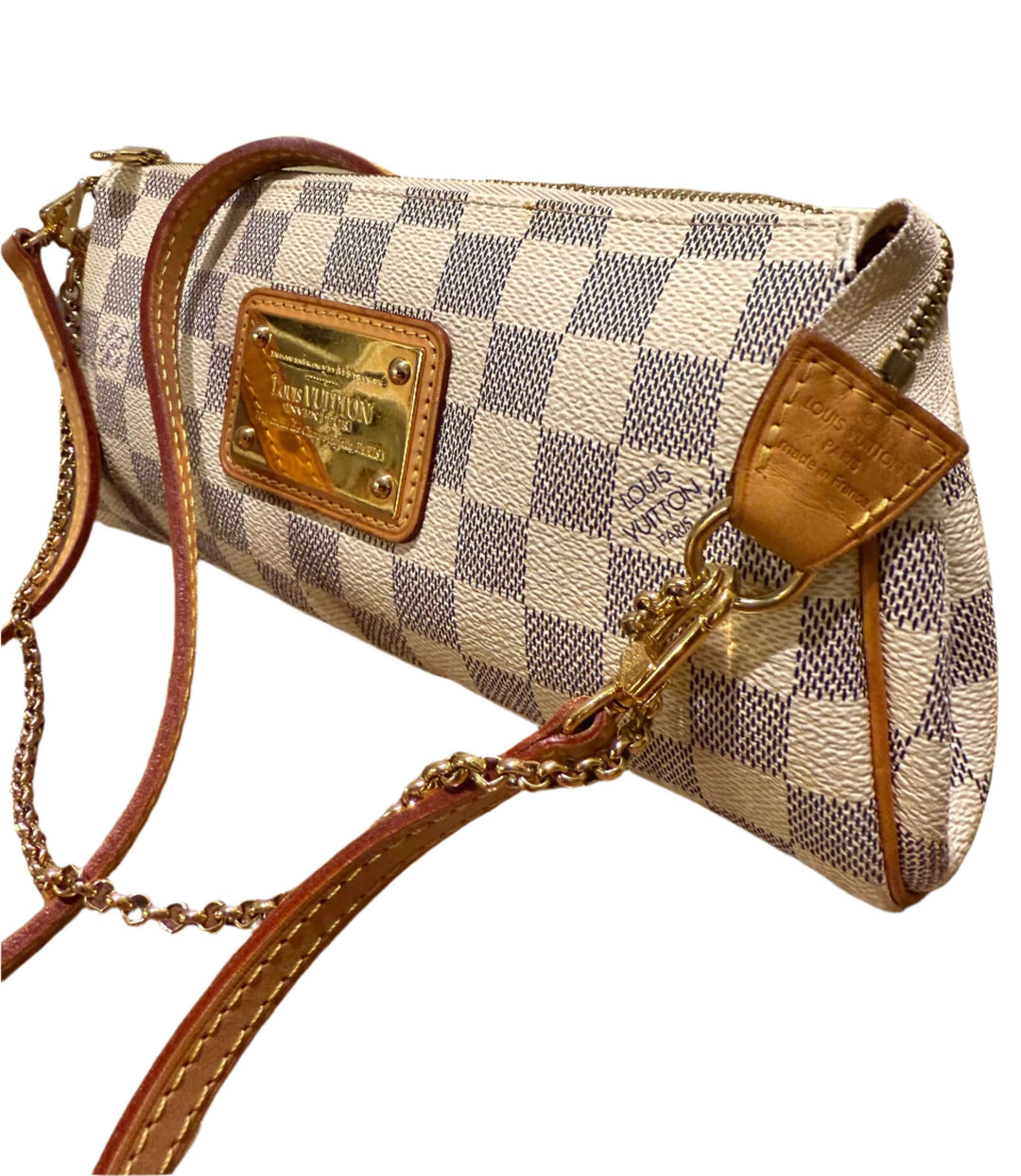 Authentic Louis Vuitton Damier Azur Eva Clutch with gold accents and natural leather trim, showcasing effortless elegance.