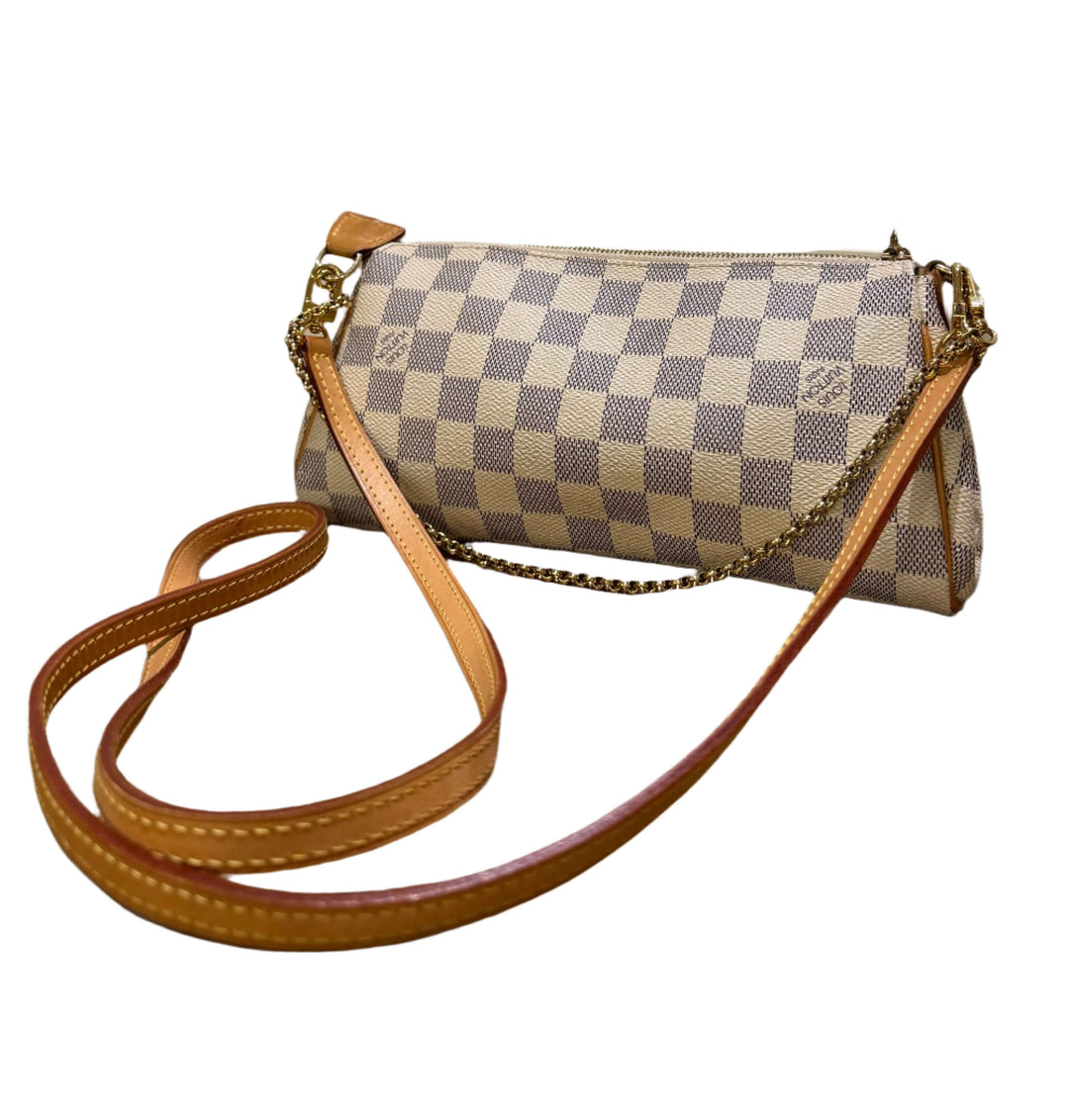 Authentic Louis Vuitton Damier Azur Eva Clutch with natural vachetta leather trim and chain strap.