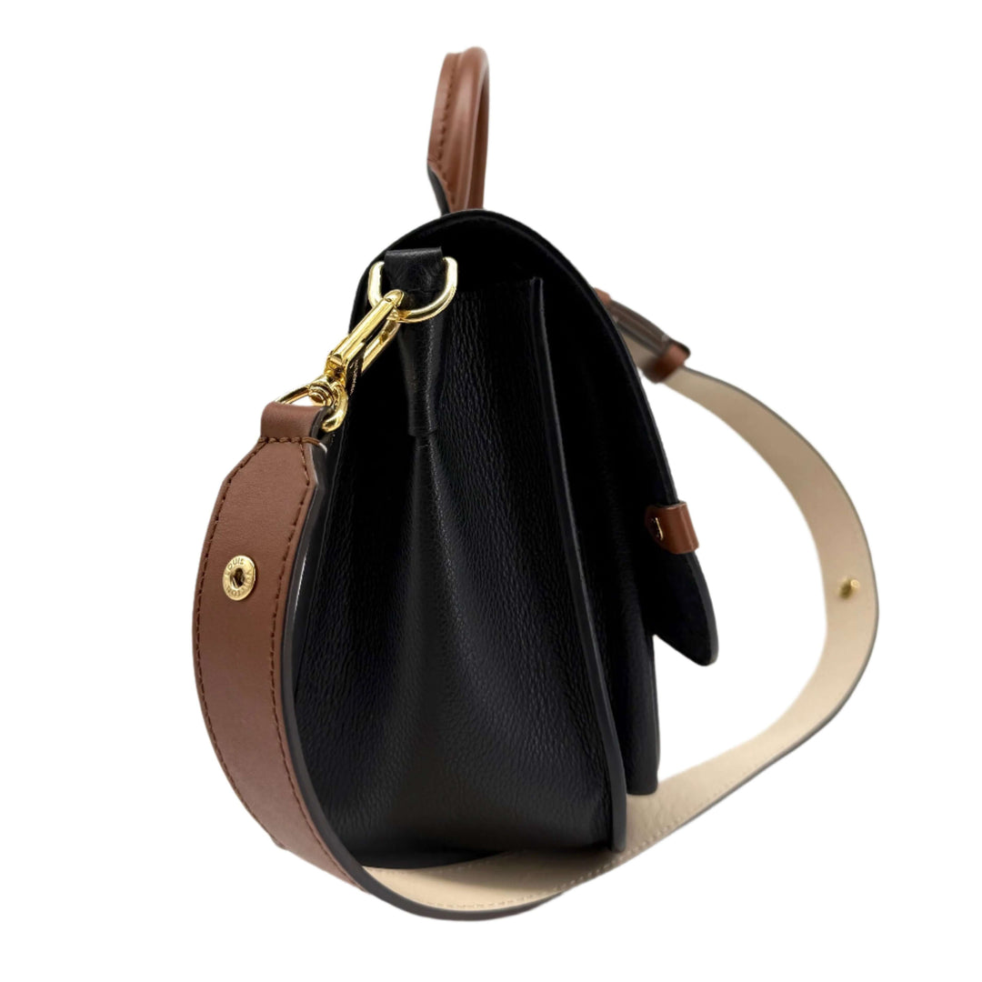 Side view of Authentic Louis Vuitton Monogram Vaugirard in Black with brown leather trim and gold hardware.