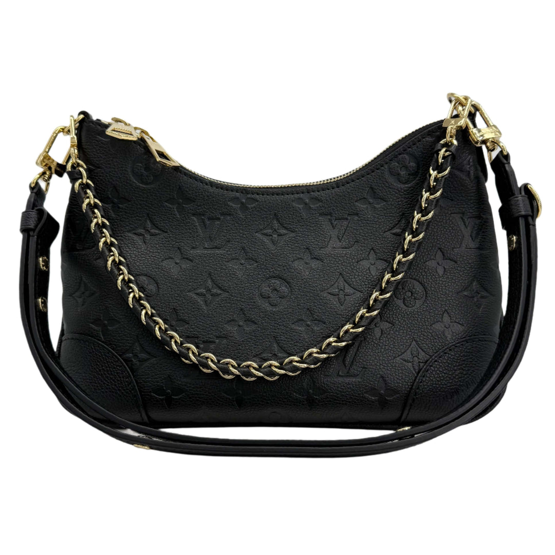 Louis Vuitton Boulogne Bag in black Monogram Empreinte leather with gold-toned hardware and chain strap.