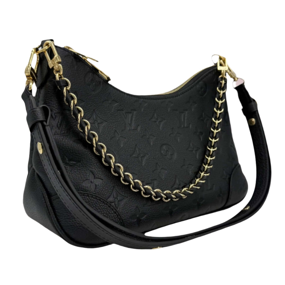 Louis Vuitton Boulogne Bag in black Monogram Empreinte leather with gold hardware and chain details, authentic pre-owned.