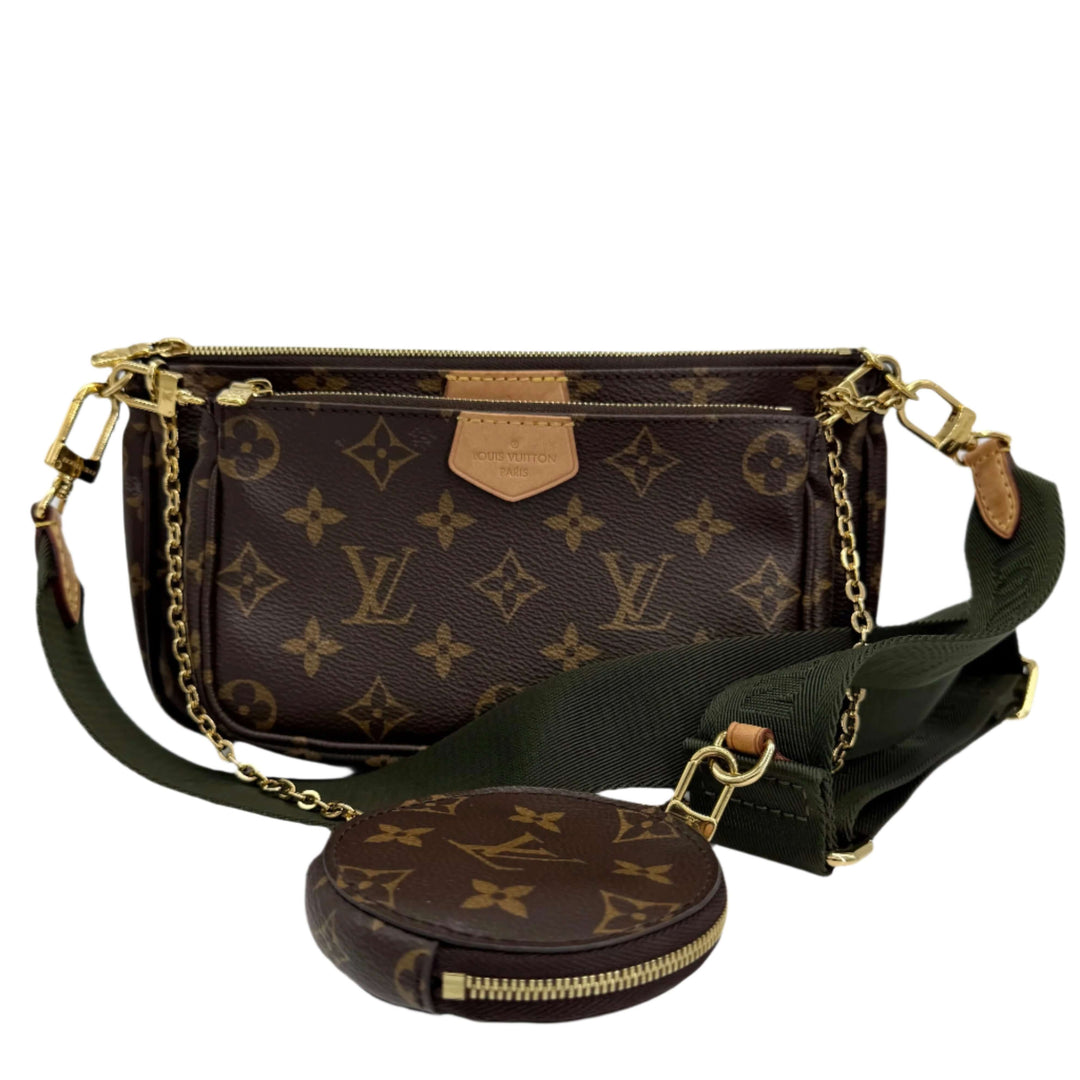 Authentic Louis Vuitton Monogram Multi Pochette Accessoires in Khaki with adjustable strap and round coin purse.