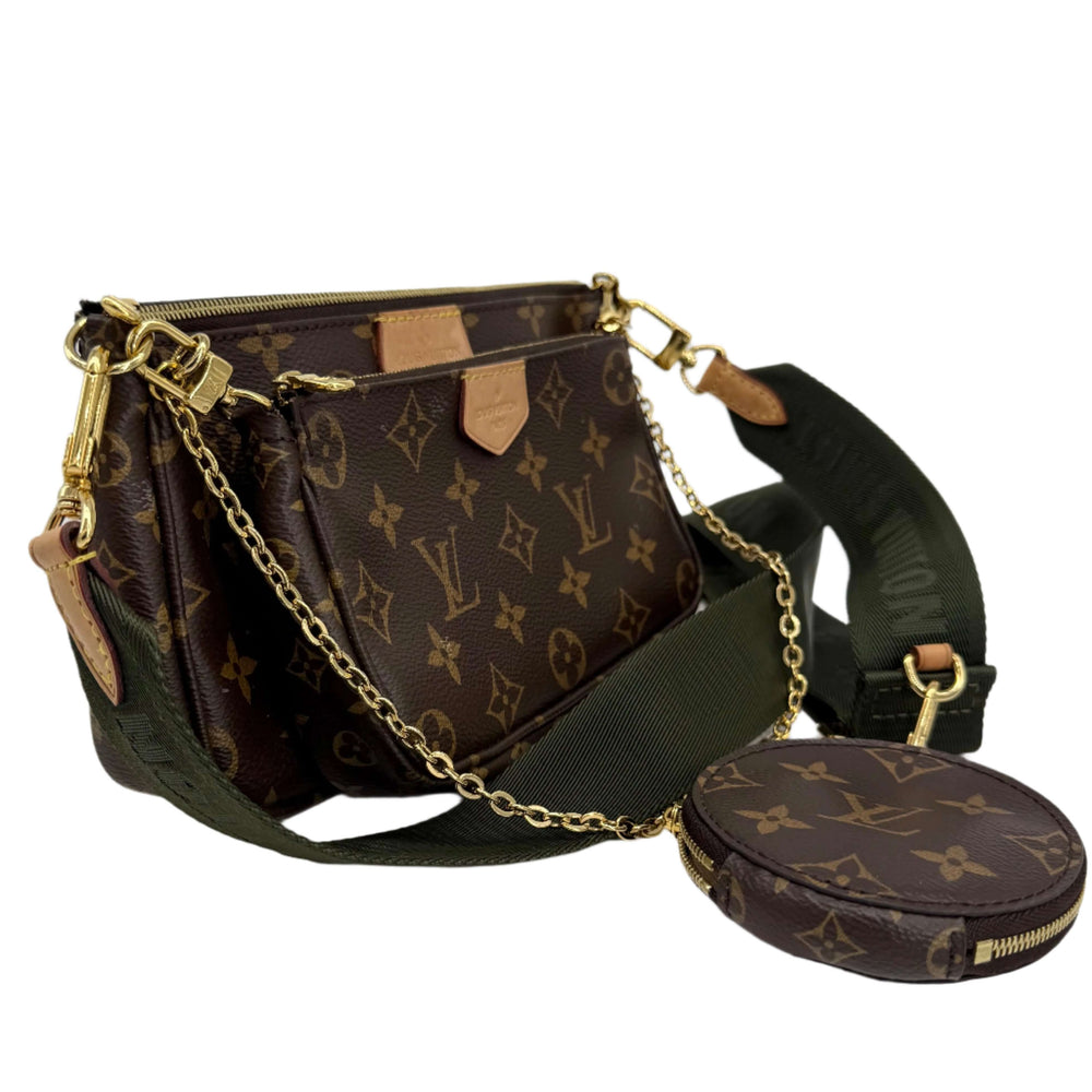 Louis Vuitton Monogram Multi Pochette Accessoires in Khaki with adjustable strap and circular coin pouch.