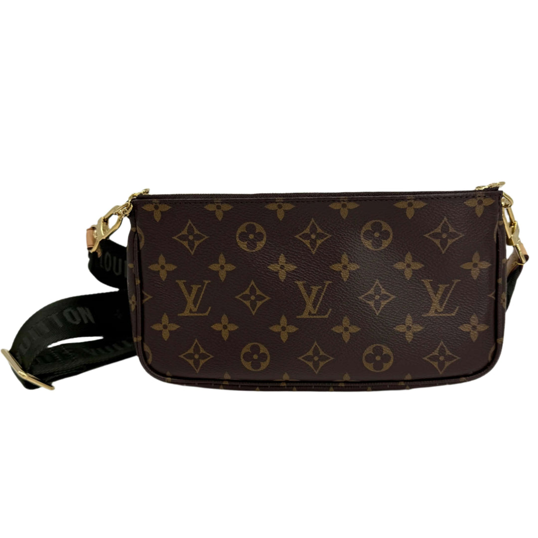 Louis Vuitton Monogram Multi Pochette Accessoires in Khaki with adjustable strap, showcasing iconic monogram canvas design.