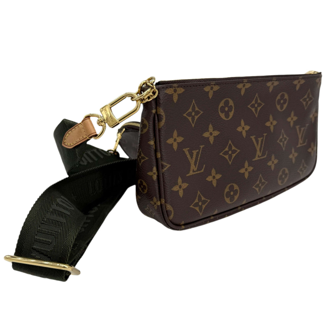 Louis Vuitton Monogram Multi Pochette Accessoires in Khaki with adjustable strap and iconic canvas design.