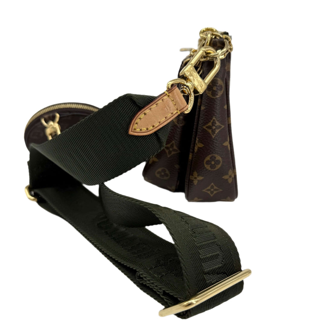 Louis Vuitton Monogram Multi Pochette Accessoires in Khaki with adjustable strap and gold hardware detail.