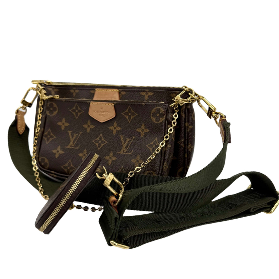 Louis Vuitton Monogram Multi Pochette Accessoires in Khaki with gold chain and adjustable strap, authentic pre-owned accessory.