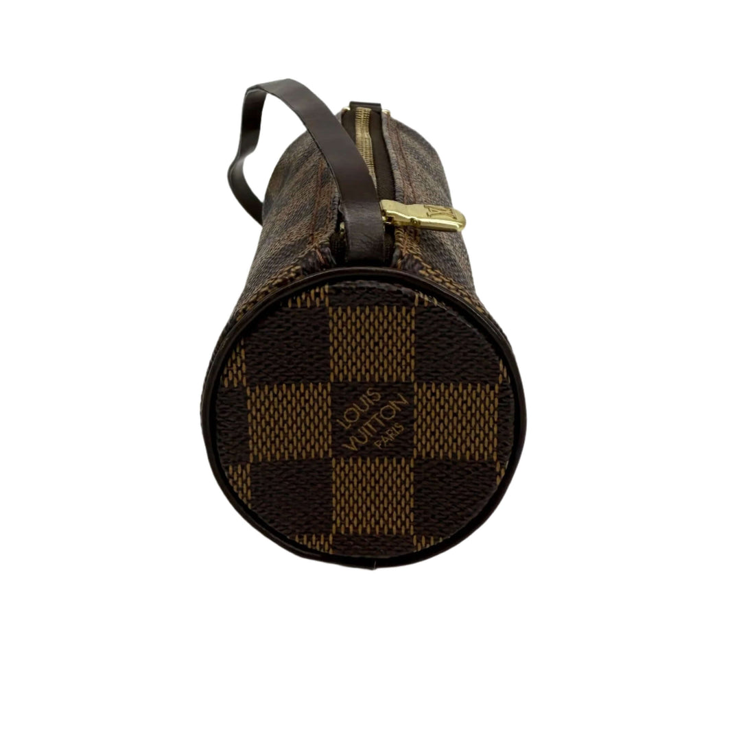 Louis Vuitton Damier Ebene Mini Papillon handbag featuring signature checked pattern and leather strap.