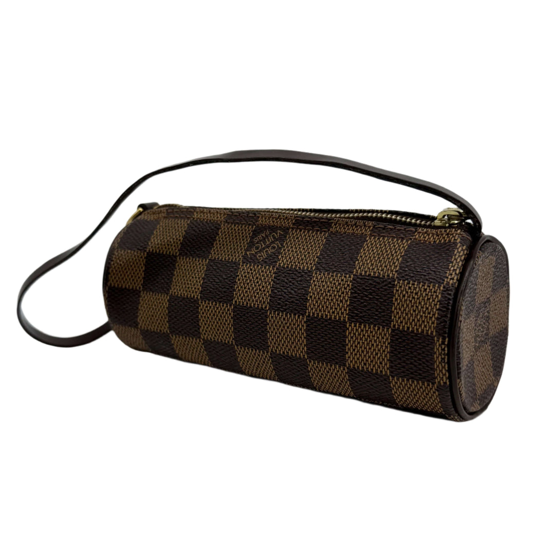 Louis Vuitton Damier Ebene Mini Papillon bag in signature coated canvas with leather accents and shoulder strap.